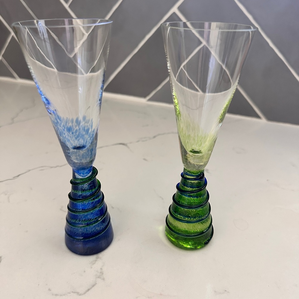 Blue and Green Handblown Glass Shot/Cordial Glasses - set of two